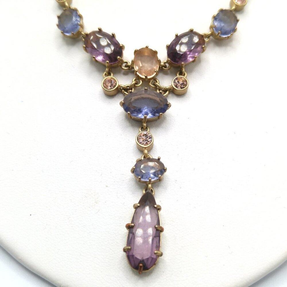 Carolee Pastel Rhinestone Y Necklace Gold Tone Open Back Statement Necklace